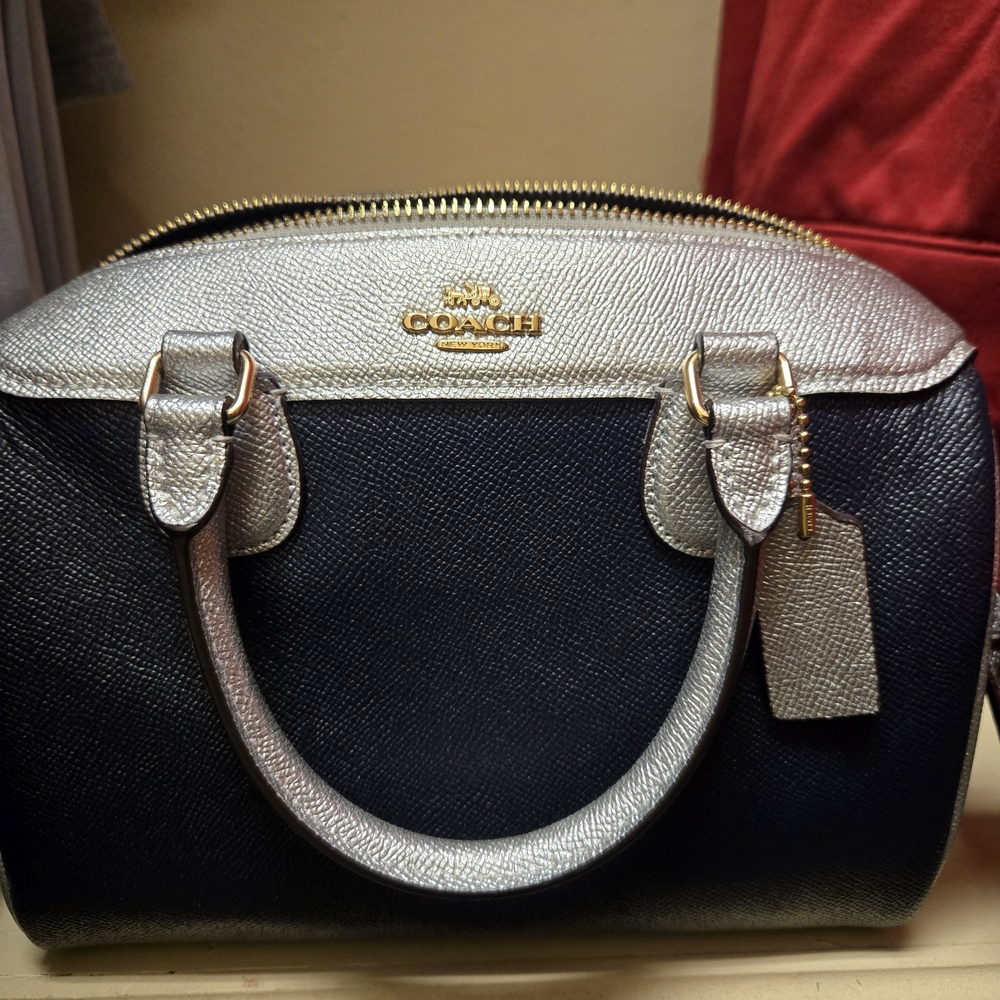 Coach Mini Bennett Satchel Or Crossbody - Dark Blue And Silver - Light Blue Side